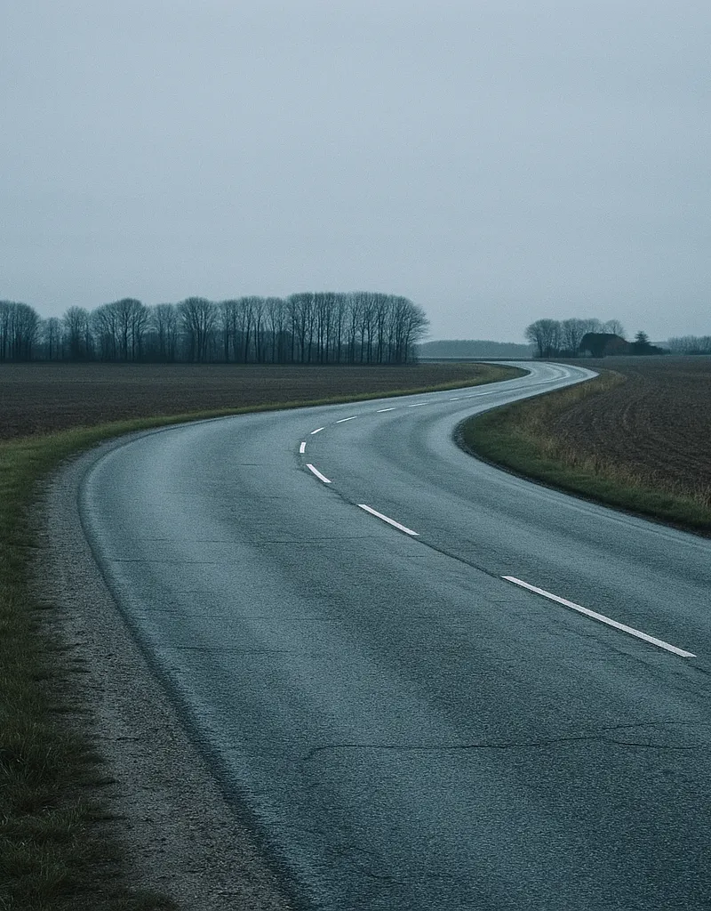 Landevej gennem fladt fynsk landbrugsland under en grå himmel